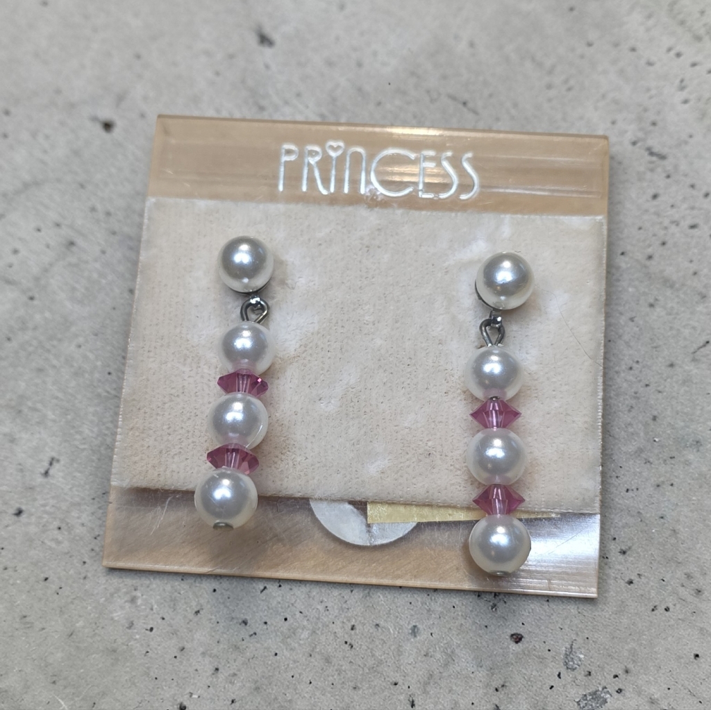 Prince White Pearl & Pink Crystal Linear Drop Earrings